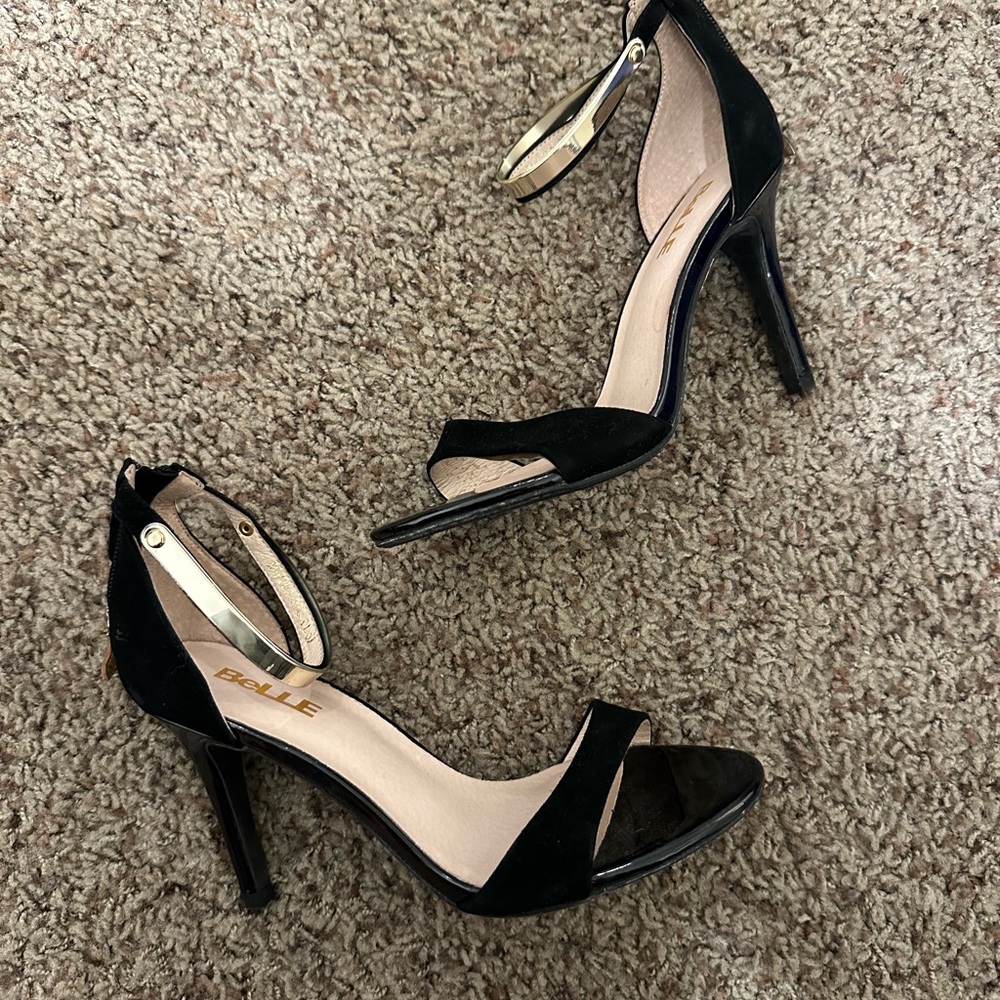 Belle Black Suede Gold Straps Heels Sandals Size 6